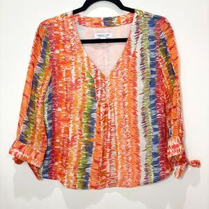 Coldwater Creek Silk Blouse Orange Rainbow Top PM Boho Hippie Y2K Watercolor